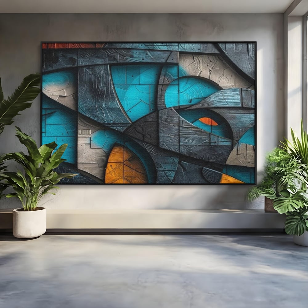 Tablou canvas cu tablou abstract cu forme geometrice din lemn, in rama de aluminiu negru